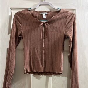 Stylish Cocoa Ribbed Long Sleeve Top